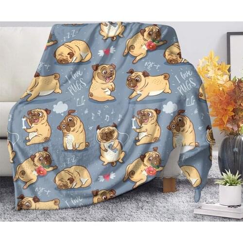 Flannel Blanket Cute Animal Pug Dog Soft Warm Fall Sofa Fleece Throw Blankets School Nap Knee Blanket Adults Kids Quilt