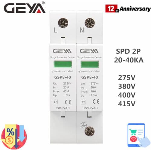 GEYA AC SPD 2P 20KA~40KA 275V 385V 400V 415V House Surge Protector protection Protective Low-voltage Arrester Device