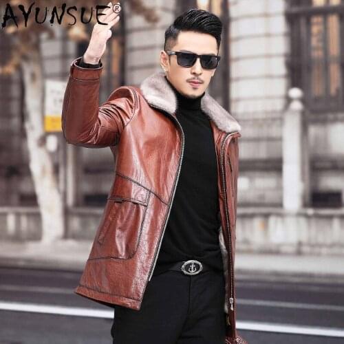 AYUNSUE Genuine Cowhide Leather Jacket Men 2021 Winter Mink Fur Collar Coats Mens Clothing Warm Parkas Jaqueta Masculina Gxy254