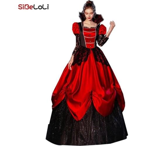 Magic Queen Costume Red and Black stand collar Halloween Dress Drama Witch Costume party noble princess Dress