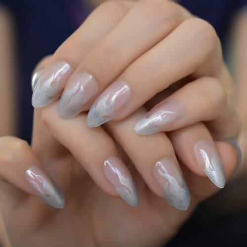 24Pcs Fire Nails Stiletto French Fake Nails Shimmer Silver Gray Artificial Almond False Nail Tips for Office Home Faux Ongle