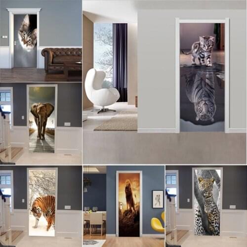 Animal Door Sticker Door 3D Wall Sticker Mural Wallpaper Poster Self Adhesive PVC DIY Removable Waterproof Door Decal Home Decor