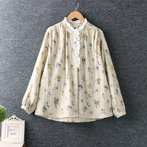 New Spring Women Blouse Japan Style Swetty Fresh Lace Floral Print Tops Double Cotton Yarn Long-Sleeved Shirt