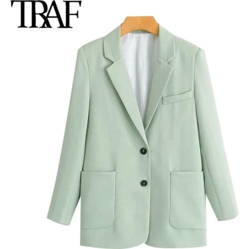 TRAF Women Fashion Office Wear Single Breasted Blazers Coat Vintage Long Sleeve Pockets Female Outerwear Chic Tops
