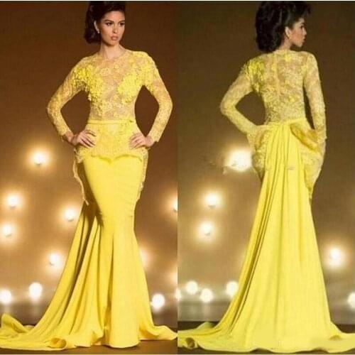 Saudi Arabia Dubai Mermaid Evening Dresses 2020 Sexy Yellow Formal Prom Gowns Kaftan Lace Long Sleeves robe de soiree