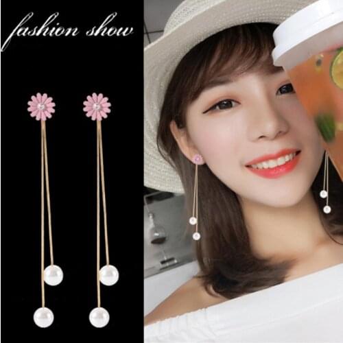 Korean Fashion Female Pink Daisy Flowers Earrings Simulated Pearl Tassel Long Pendant Ear Jewelry Simple Back Hanging Brincos