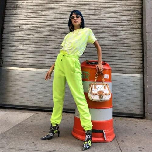 Dotrend Streetwear Neon Green Pants Women High Waist Loose Casual Joggers Hip Hop Fashion Sweatpants Spring Autumn 2019 New Hot