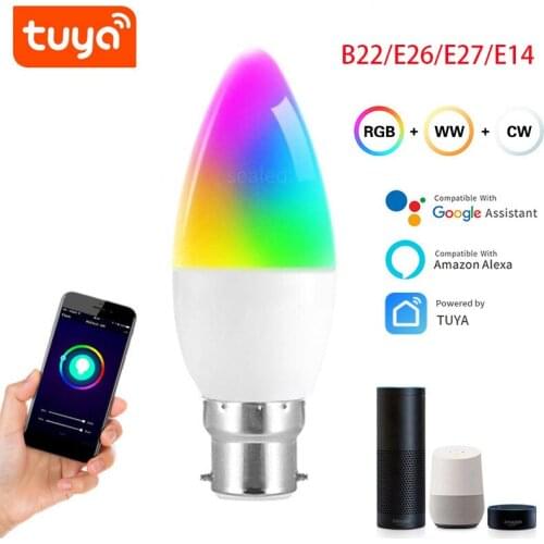 E26/E27/B22 Tuya Smart Wifi LED Light Bulb Dimmable 5W Light Lamp RGB+Warm White+White Voice Control Work with Alexa Google Home