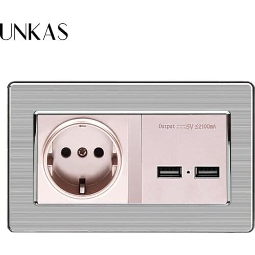 UNKAS Home Smart 5V 2.1A Stainless Steel Panel EU Standard Wall Socket With Dual USB Smart Induction Charge Port For Mobile