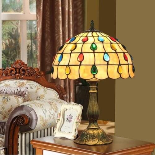 WOERFU Tiffany Table Lamp 30cm Colored Bead Lampshape Bedroom Bedside Lamp Creative Fashion Adjustable Light Retro Table Lamps