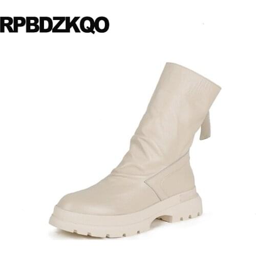 Elevator Genuine Leather Boots Girls Ankle Chunky Fall Luxury Brand Shoes Women Handmade Winter Platform Muffin Flatform Beige
