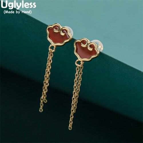 Uglyless Abstract Heart-shape Jade Agate Earrings for Women Exotic Long Chains Tassels Studs Earrings Gold 925 Silver Brincos