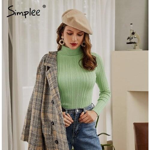 Simplee Casual solid turtleneck women sweater Striped long sleeve slim pale green sweater Feminine warm autumn winter sweater