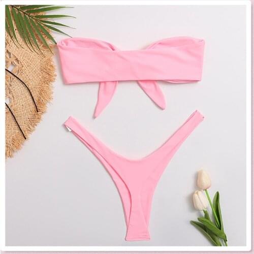 Adult Ladies Sexy Solid Color Split Tube Top Soft Bikini Bowknot Charming Swimsuit Beachwear Low Waist Swimming Suits Bikini