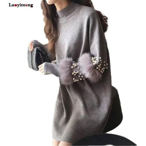 Luoyimeng Faux Fur Sweater For Women Top Pullovers Sweater Long-sleeve Jumpers Pearl Beads Turtleneck Pull Casual Pullovers Robe