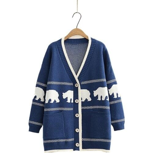 Cartoon Bear Embroidery Knitted Cardigan Women 2021 Winter Warm Sweater Jacket Coat Korean Female V-neck Pocket Casaul Jumpers