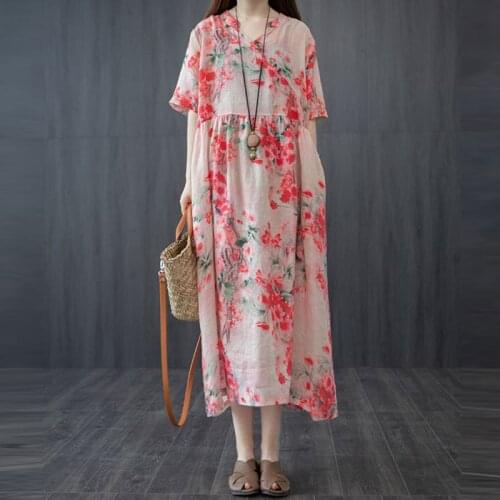 Women Cotton Linen Loose Casual Dress New Arrival 2021 Summer Vintage Style V-neck Floral Print Female Long Dresses S3300
