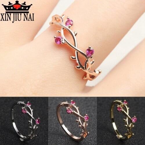 2020 new 18K rose gold fashion simple branch leaves inlaid ruby budding ladies diamond ring party women jewelry gift
