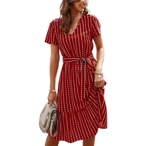 Ladies Dress Stripe Printing Breathable 5 Colors Women V Neck Loose Dress for Shopping Polyester Summer Womens Clothing Green