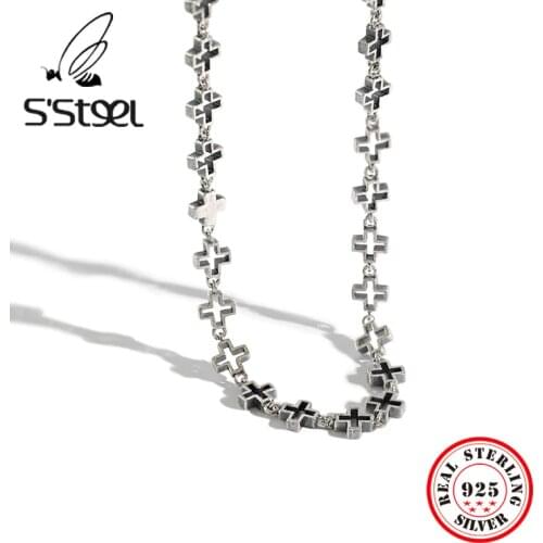 SSTEEL 925 Sterling Silver Necklaces For Women Ins Retro Silver Cross Chain Vintage Necklace Choker Collares Minimalist Jewelry