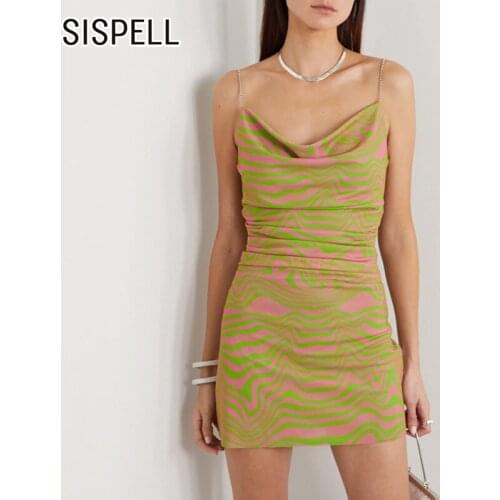 SISPELL Print Hit Color Dresses For Girls Square Collar Sleeveless Backless Ruched High Waist Slim Womens Sexy Sling Dress 2020