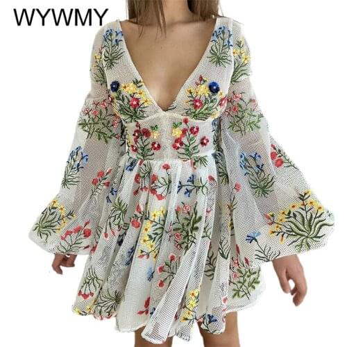 WYWMY Women Dresses Spring Lantern Sleeve Grid Floral Embroidered Dress Summer Elegant Sweet V Neck Boho Holiday Party Vestidos