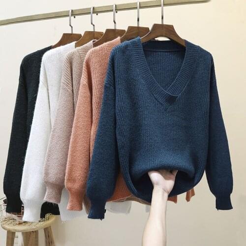 Winter Clothes for Women 2021 V-Neck Pullovers Solid Thick Korean Fashion Top Knitted Sweaters Vintage Green Oversized 0845