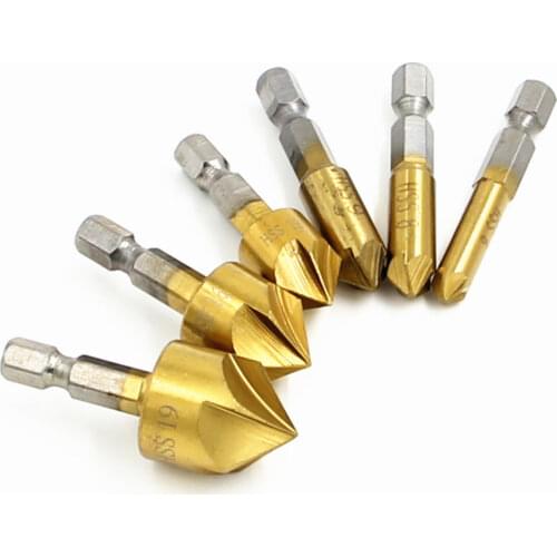 1/4" Hex 6pcs 12mm 16mm 19mm Chamfering Debur Countersink Drill Bit 5 Flute 82 Degree Set For Wood Quick Change Countersink Bits