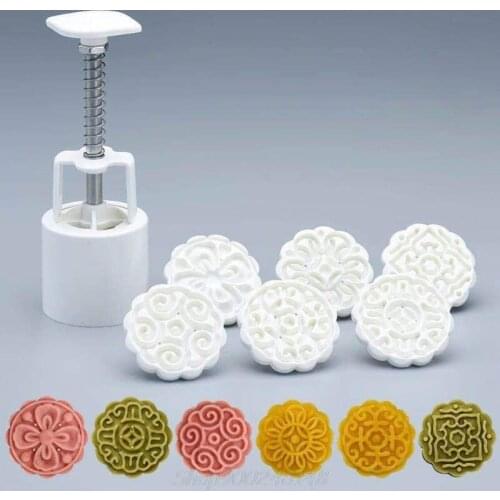 6pcs 3D Flowers Stamps Moon Cake Decor Mould Barrel Round Mooncake Mold 50g Pastry Mooncakes Hand DIY Tool Jy28 20 Dropship