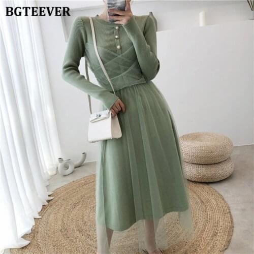 BGTEEVER Elegant O-neck Button Knitted Women Dresses Autumn Winter 2021 Mesh Patchwork Female Dress Midi Sweater Vestidos femme