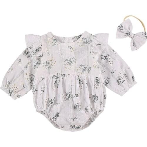 Infant Newborn Baby Girls Floral Jumpsuits Fly Long Sleeve Playsuits Spring Autumn Bodysuits With Headband