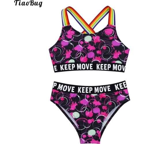 TiaoBug Summer 2Pcs Kids Girls Swimwear Straps Cross At Rear Print Crop Tops And Briefs Set Beach Pool Swimming Bathing Tankini