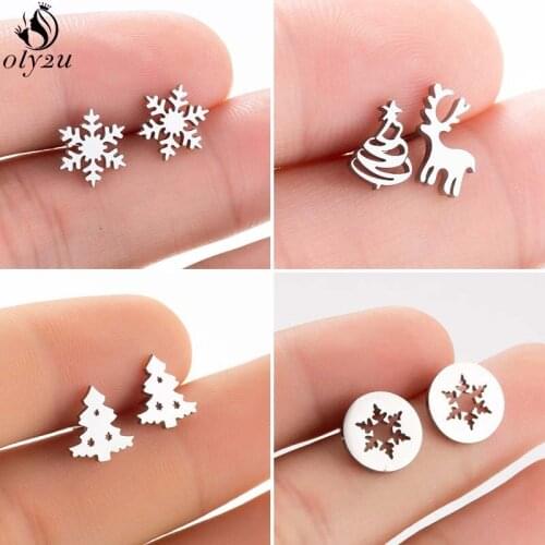 Lovely Small Deer Stud Earrings for Women Girls Kids Stainless Steel Snowflake Christmas Tree Earings Jewelry pendientes 2020