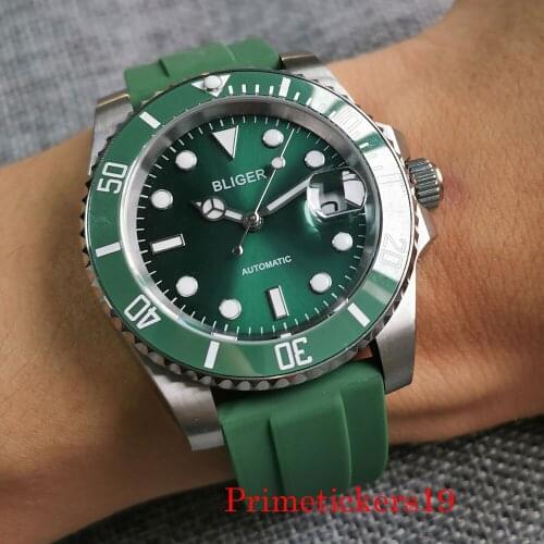 40mm Mens Automatic Wristwatch Sapphire Crystal 21 Jewels MIYOTA 8215 NH35 Movement Green Dial Rotating Bezel Rubber Strap