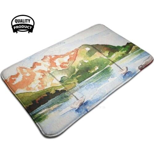 Three Boats On The Lake Soft House Family Anti-Slip Mat Rug Carpet Watercolor Paper Landscape Tree Trees Lake Lago Como Lake