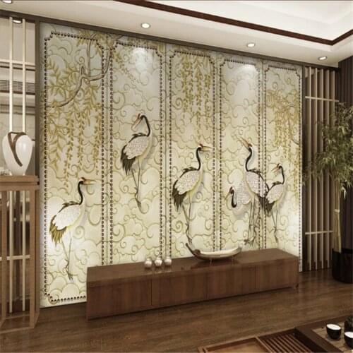 Custom Mural Wallpaper Vintage Style White Cloud Crane Background Wall Painting