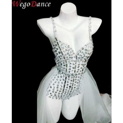 New Women White Crystals Outfit Singer Mesh Train Costume Sexy Rhinestones Bodysuit Jazz Dance Wear