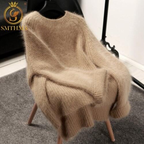 New Winter Womens Thickened Round-Neck Mohair Pullover Sweater Pure Color Female Loose Knitwear Long Sleeve Asymmetry Knit Top