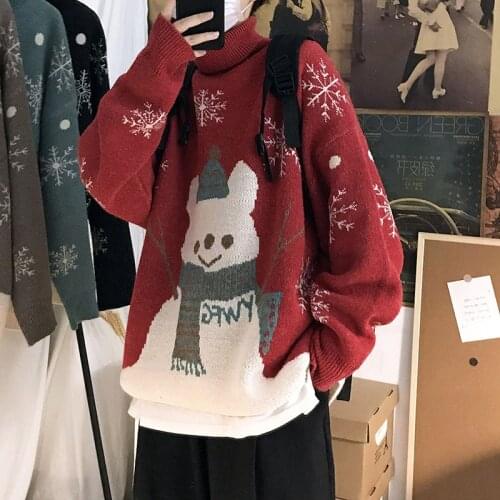 Fall Winter Sweater Christmas Couples Korean Vintage Loose Top Lazy Kpop High Collar Trend Thicken Harajuku Casual Red Sweaters