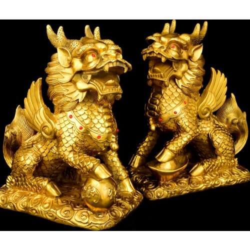 Bring in wealth # HOME office business TOP Money Drawing efficacious Mascot # GOLD QI LIN dragon kylin FENG SHUI Brass statue