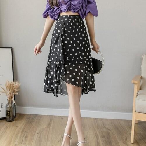 Chiffon polka dot skirt high waist irregular ruffle knee length 2021 summer new split A line casual skirt women C284