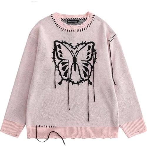 Hip Hop Butterfly Knitwear Sweaters Men 2021 Autumn Harajuku Fashion Loose Tops Streetwear Cotton Pullover Hole Sweater Women