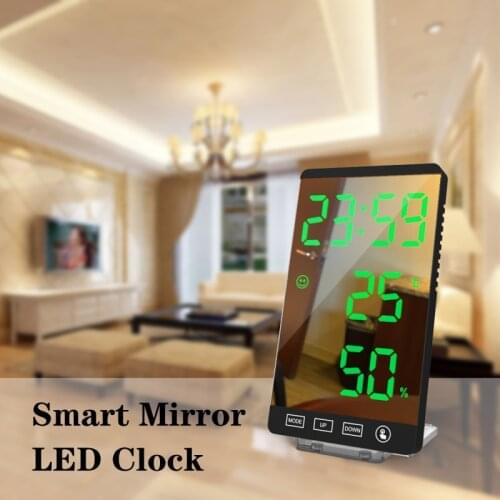 Smart Thermometer Hygrometer Mirror LED Alarm Clock 6Inch LED Time Temperature Humidity Display USB Output Port Table Clock