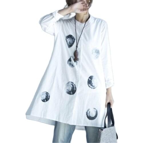 Women Big Size Clothing Autumn Women Medium-Long Fluid Shirt Female Long Sleeve Stand Collar Casual Tops Print Loose Blouse