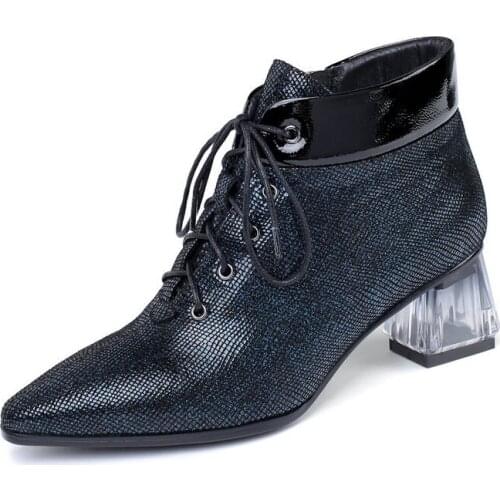 2019 high quality genuine leather boots women lace up autumn winter ankle boots for women platform 5cm high heels boots