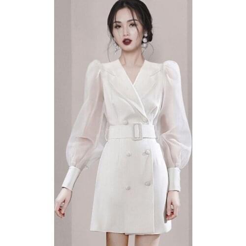 Womens Blazer Dress 2021 Runway Design Temperament Full Sleeve Notched Office Lady Belt High Waist Mini Dress Fashion Clothes