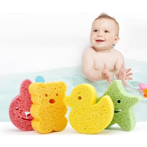 1Pc Baby Bath Shower Sponge Cute Animal Rubbing Body Bathing Supplies 4Colors Natural Wood Pulp Soft Cotton Bathroom Accessories