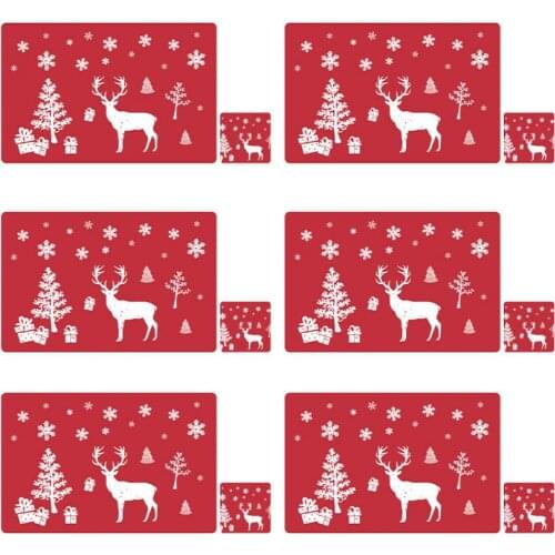 Rectangular 12Pcs Excellent Red Christmas Elk Placemat Waterproof Table Coaster Heat-resistant for Family Gathering