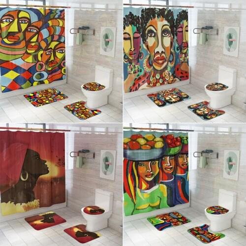 African American Woman Printed Fabric Shower Curtains Bathroom Curtain with Hooks Pedestal Rug Lid Toilet Cover Bath Mat