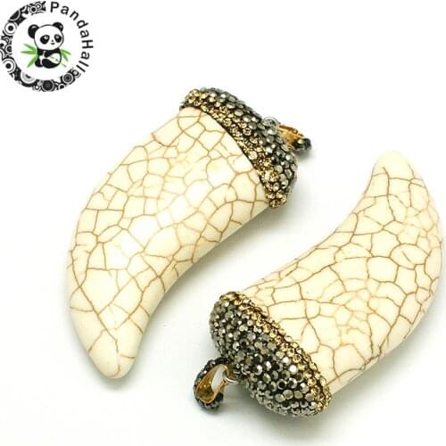 Tusk/Italian Horn Synthetic Tur-quoise Big Pendants, with Golden Tone Brass Rhinestone Findings, 58x28x16mm, Hole: 7mm